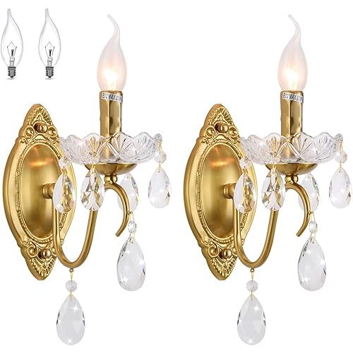 Crystal Wall sconces Set of Two, Gold sconces Wall Set of 2, Vintage Crystal Wall Light, Candelabra Wall Sconce Light Fixture, Gold Brass Finish, 1-Light with Glass Drops