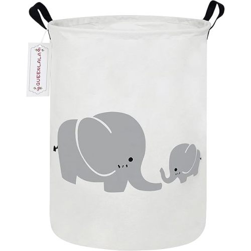 Round Waterproof laundry basket, Laundry Hamper for Nursery, Kids Toy Box Storage for Girls Boys, Diaper or plush toy gift basket, Foldable Fabric Basket(Parent-child elephant)