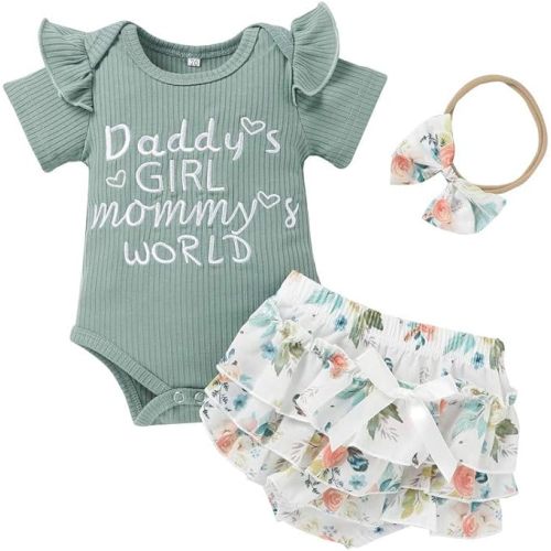 Catpapa Newborn Baby Girl Romper Jumpsuit Bodysuit +Pants Shorts+Headband Outfit Set