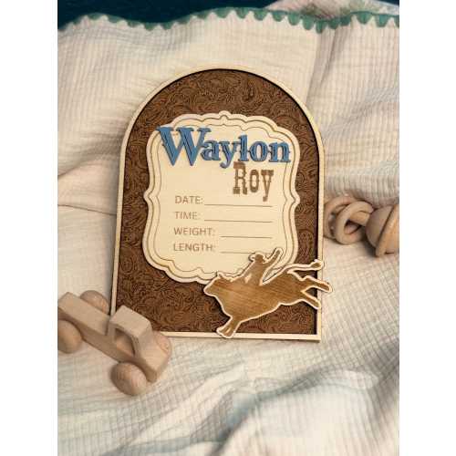 Personalized Western Baby Announcement Sign: Rustic Newborn Photo Prop Tooled Leather look