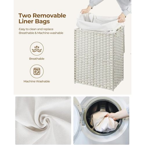 Greenstell Laundry Hamper with Lid, 90L Clothes Hamper with 2 Removable Liner Bags & 2 Mesh Laundry Bags, Handwoven Synthetic Rattan Laundry Basket for Clothes, Toys in Bathroom, Bedroom White