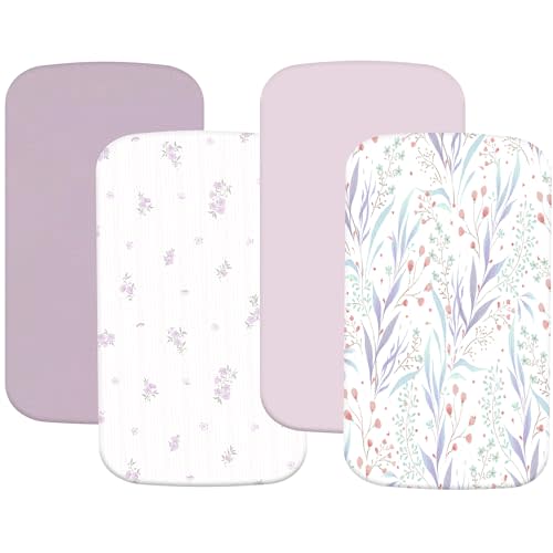 4 Pack Bassinet Sheets (19" x 33"), Compatible with Baby Delight, BabyBond, Dream On Me and Most Rectangle Bedside Sleeper Bassinet Mattress, Soft and Skin-Friendly, Purple Flower