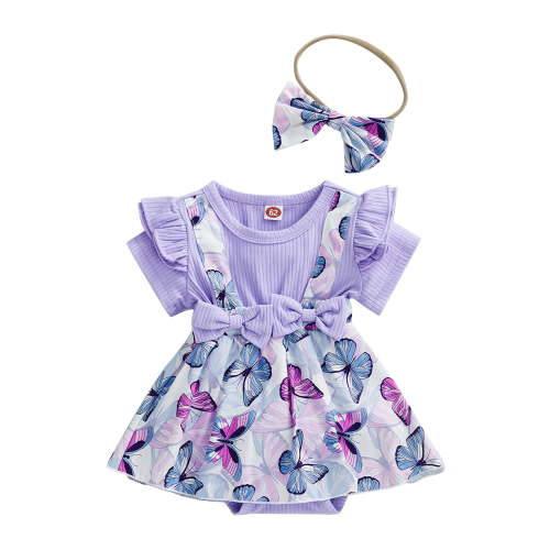 Lieserram Newborn Baby Girl Summer Clothes 3 6 9 12 18 Months Short Sleeve Butterfly Print Ribbed Suspender Romper Dress Headband