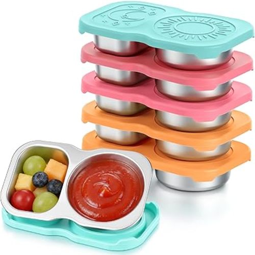 6 Pack Stainless Steel Snack Containers with Lid 5 oz 2 Compartment Condiment Container Reusable Snack Lunch Box Accessories Salad Dressing Containers Outdoor Camping(Classic Color)