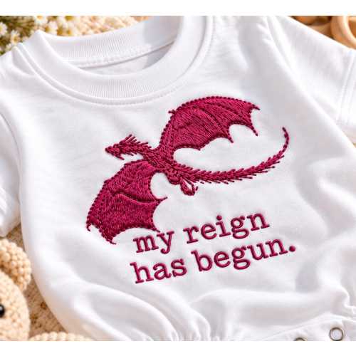 My Reign Has Begun Dragon Embroidered Baby Romper | Flying Dragon Baby Bodysuit, Fantasy Newborn Outfit, Baby Shower Gift, Newborn Gift