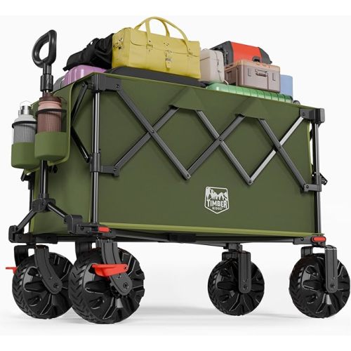 TIMBER RIDGE Outdoor Collapsible Folding Wagon with Brakes and Cup Holders, 500lbs Heavy Duty All Terrain Wheels Utility Cart for Shopping Camping Garden Sports, Green