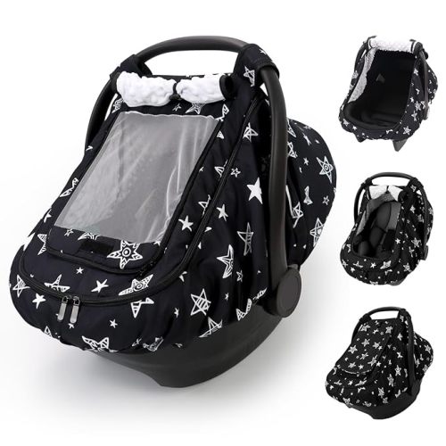 Car Seat Cover Baby Boy, Infant Car Seat Canopy Outdoor, 2 Layers with Mesh and Sun Shade Window for Summer Winter, Easy Access Carseat Covers Snug Fit Baby Stroller - Black Star