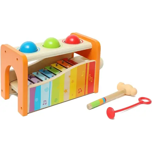 Hape Pound & Tap Bench with Slide Out Xylophone - Award Winning Durable Wooden Musical Pounding Toy for Toddlers,Yellow