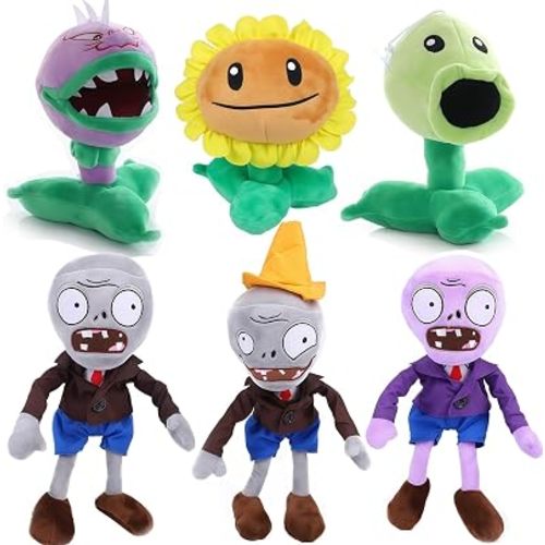 JHESAO 6 PCS Plants and Zombies PVZ Plush Plants Sets Toy Peashooter Purple Gray Conehead Zombie, 1 2 Stuffed Soft Chomper Doll, Sunflower PVZ Figure Doll New