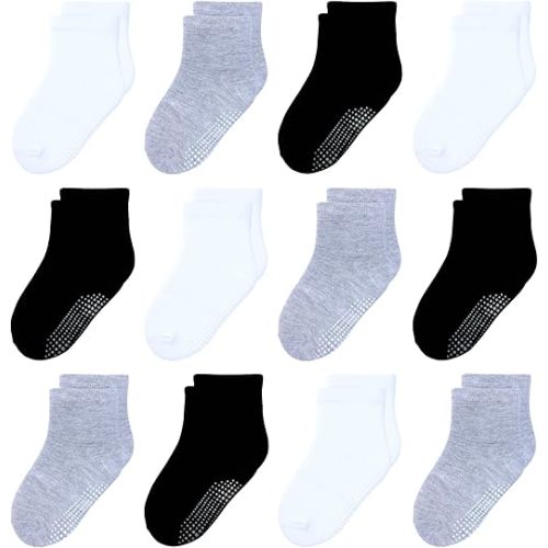 12 Pack Non Slip Kids Toddler Baby Socks with Grips for 1-7 Years Boys Girls Cotton Crew Socks Multi Colors