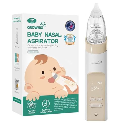 GROWNSY Nasal Aspirator for Baby, Electric Baby Nose Sucker, Automatic Nose Cleaner with Larger Suction Chamber and More Powerful Suction, Music and Light Soothing Function, Beige