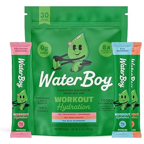 Waterboy Workout Hydration | 2,960mg Sugar Free Electrolyte Powder Packets | L-Glutamine + Vitamins | No Sugar, All Natural, Gluten Free (Variety)