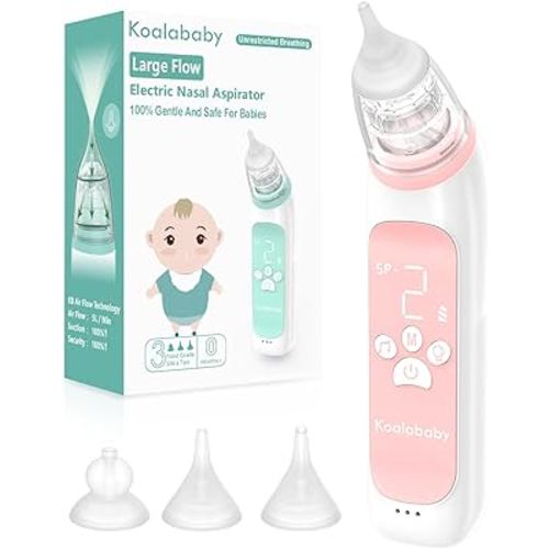 Koalababy Large Flow Electric Nasal Aspirator, Baby Nose Sucker with 3 Silicone Tips, 3 Suction Levels, Music & Light Soothing Function, Pink