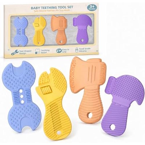 Baby Tool Teethers 4 Pack, Textured Sensory Teething Toys for Boys 0-6 Months, Wrench Screwdriver Hammer & Axe Silicone Chew Toys, Baby Shower Gifts for Newborn & Infants