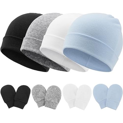 Newborn Baby Hats and Mittens Set Infant Beanie Cap Toddler Gloves Newborn Hospital Hats for Baby Boy Girl Kid 0-6 Months