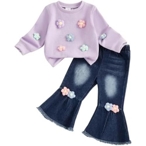 FYBITBO Toddler Baby Girl Clothes Fall Winter Baby Girl Outfit Floral Crewneck Sweatshirt Bell Bottom Jeans Pants Set