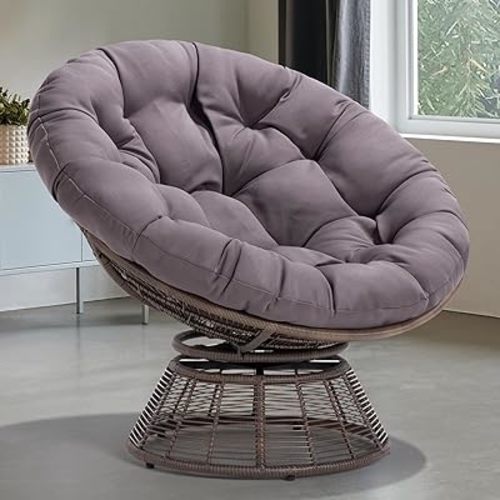 Bme Smoky - Brown Bee Base 40" Ergonomic Wicker Papasan Chair with Soft Thick Density Fabric Cushion, Bee-Designed Base, High Capacity Steel Frame, 360 Degree Swivel for Living, Bedroom, Reading Room