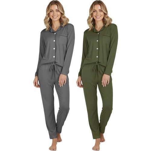 Real Essentials 2 Pack: Women's Soft Pajama Set | Button Down Top and Lounge Sleep PJ Pants | Matching Sleepwear (Plus Size)