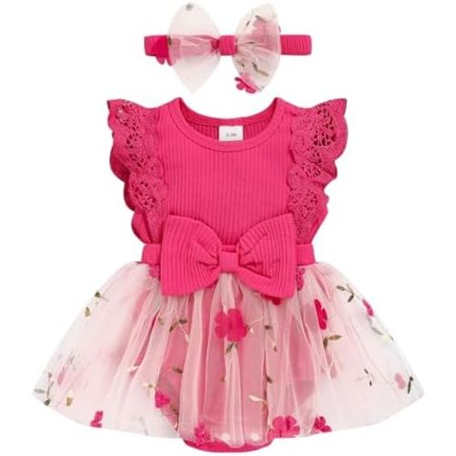 Baby Girl Romper Dress, Tulle Skirt Bodysuit Ruffle Sleeveless Summer Outfit with Headband for Infants 0-12M