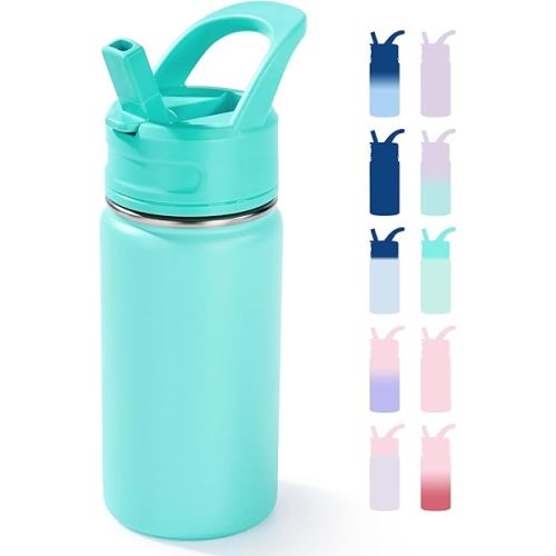 12oz Kids Water Bottle for School, Toddler Water Bottles with Straws, Insulated Water Bottles for Boys&Girls, Stainless Steel Vacuum Insulated Bottle for Kids, Leak-Proof, BPA-Free, Blue