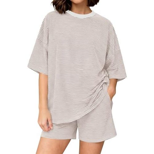 Women Striped Lounge Set Short Sleeve Pajama Sets Oversized T Shirts High Waist Shorts 2 Piece Matching Set