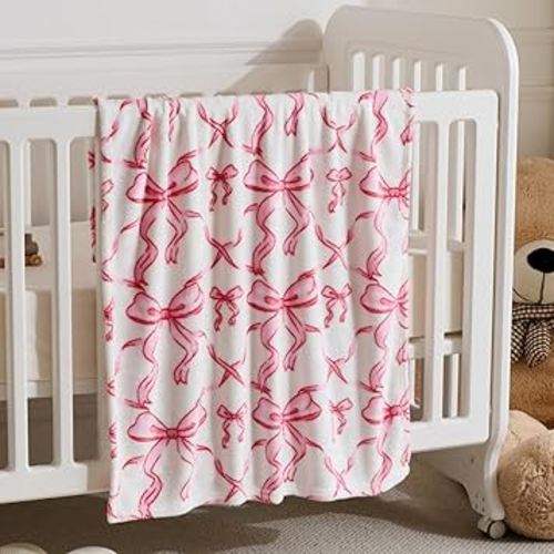 Pink Bow Baby Blankets for Girls-Soft Cute Fleece Baby Blanket-Fluffy Infant Newborn Toddler Receiving Blankets for Crib Stroller, Pink Bow Decorate Festivals Dirthdays, 30x40 Inches