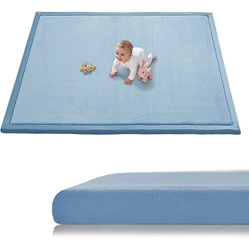 Baby Play Mat for Floor, 1.3 Inch Thick Memory Foam Tummy Time Mat with Non Slip Backing, Soft Coral Velvet 50×50 Inch Playpen Mat Crawling Tatami for Infants Toddlers Kids, Midnight Blue
