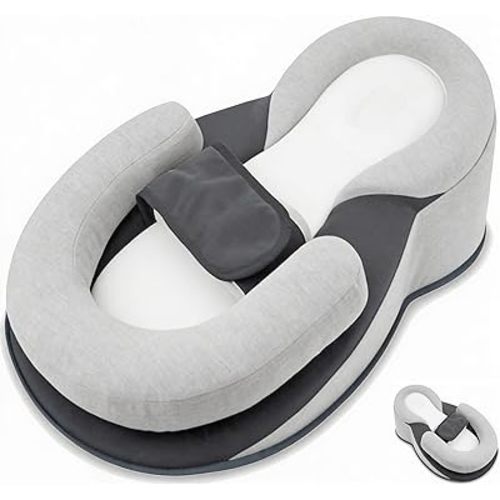 Lounger Pillow, Rest Nest Bed, Safety Strap Breastfeeding Pillow for Comfortable Bottle Feeding Tummy Time for Home, Kids, Children, Girls, Boys (White and Gray)