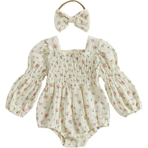 Kavousa Newborn Baby Girl Clothes Smocked Bubble Romper Headband Outfit