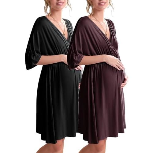Ekouaer 3 in 1 Labor/Delivery/Hospital Gown 2 Pack Maternity Dress Nursing Nightgown Sleepwear