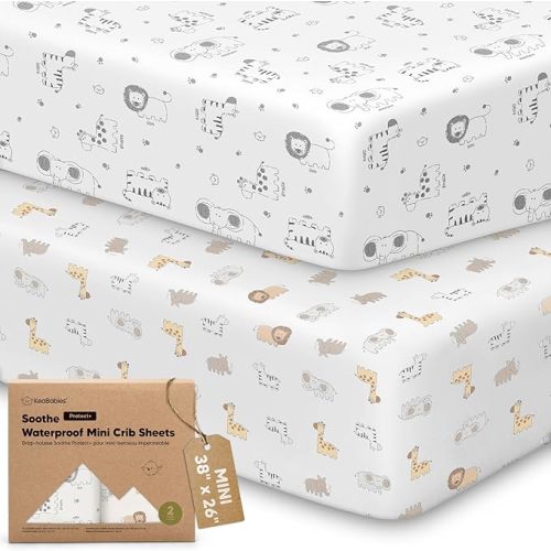 2 Pack and Play Sheets, Waterproof Mini Crib Sheet Fitted 38x26 (KeaSafari)