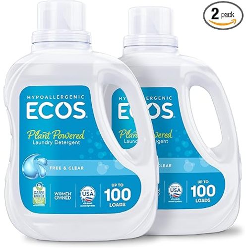 ECOS Laundry Detergent Liquid, 200 Loads - Dermatologist Tested Laundry Soap - Hypoallergenic, EPA Safer Choice Certified, Plant-Powered, Free & Clear, 100 Fl Oz (Pack of 2)