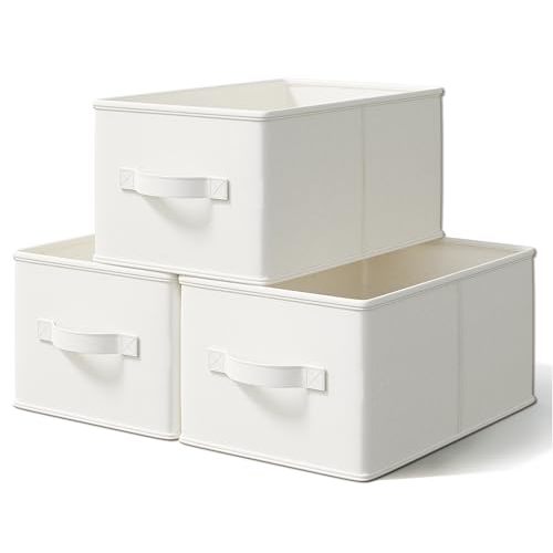 LayerSpace 3 Pack Fabric Storage Bins for Shelves | 16.25x12x10in Closet | Collapsible Bins for Organization | Linen Clothes Storage Bins | White & Ivory