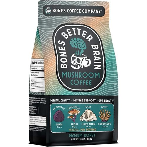 Bones Coffee Company Better Brain Mushroom Coffee Medium Roast Low Acid Arabica Coffee with Mushroom Blend for Energy, Focus, Digestion and Immunity Support, Vegan & Keto-Friendly, 10 oz Ground