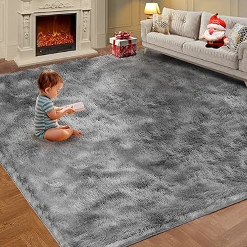Large Shag Rugs 9X12, Plush Fuzzy Area Rugs for Living Room, Large Shag Fluffy Bedroom Carpet, Furry Rugs for Girls Boys Kids Room, Extra Large Fuzzy Rug, Shag Carpet, Tie-Dyed Light Grey