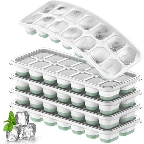 Ice Cube Tray 5 Pack, Stackable Silicone Ice Cube Trayswith Lid– Easy Release Reusable Ice Tray, BPA-Free Rectangular Ice Cube Mold Set for Cocktails, Coffee, Whiskey & Drinks- Light Green