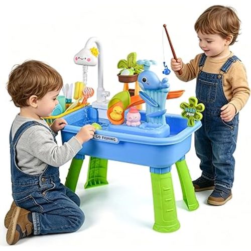 Upgraded 4-in-1 Sand Water Table for Toddlers 1-3, Kids Sensory Table with Electric Water Pump & Cloud Faucet, Play Kitchen Sink with Food Accessories, Fishing Toy ‒ Adjustable Height (Blue)