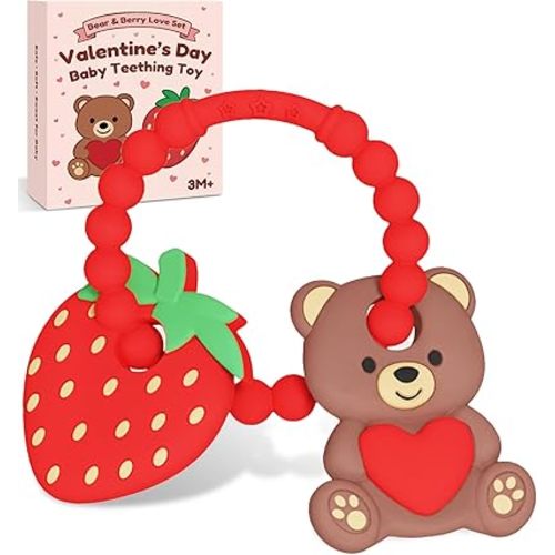 Valentine’s Baby Teething Toys, Teddy Bear & Strawberry Silicone Teether for 3–12 Months, Textured Sensory Chewing Ring for Infants & Toddlers, Baby’s First Valentine’s Day Gift for Boys and Girls