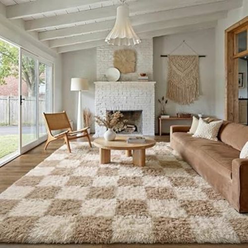 PureCozy Beige 9x12 Area Rugs for Living Room Soft Shag Checkered Large Rug Modern Washable Indoor Office Fuzzy Carpet Non-Slip Fluffy Rugs for Bedroom Nursery Dorm Playroom Home Aesthetic Decor