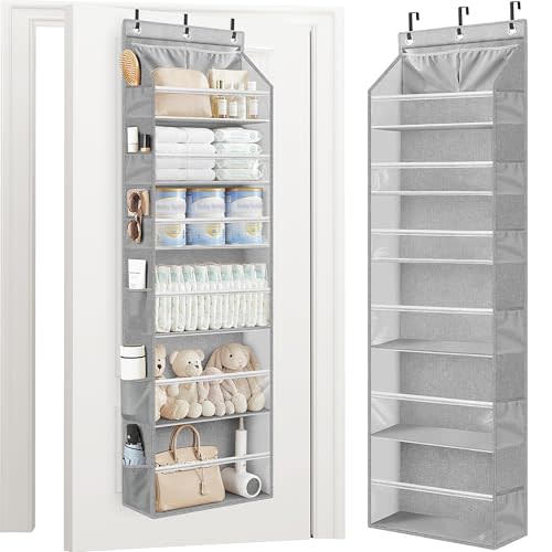 STORAGE MANIAC Over the Door Organizer 6-Shelf Closet Hanging Storage with 14 Mesh Pockets, 66lbs Capacity Clear Deep Pockets Behind Door Storage for Nursery, Bathroom, Bedroom, 1 Pack Grey