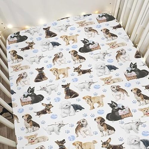 Dog Breeds Baby Crib Sheets for Boy Girl 28"x52" Watercolor Dogs Blue Paws Balls Soft Stretchy Fitted Crib Mattress Covers Dogs Lovers Gift Nursery Baby Sheet for Crib & Toddler Bed Mattresses