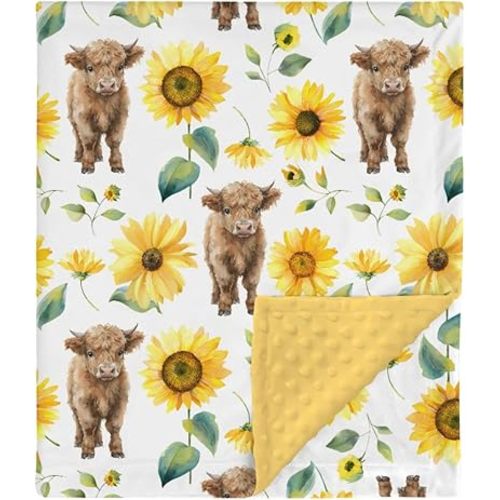 HawSkgFub Highland Cow Sunflower Mink Baby Blankets Dotted Backing Girls Shower Gift, Western Cowgirl Floral Double Layer Nursery Swaddle, Soft Newborn Infant Toddler Bed Crib Bedding 30 x 40