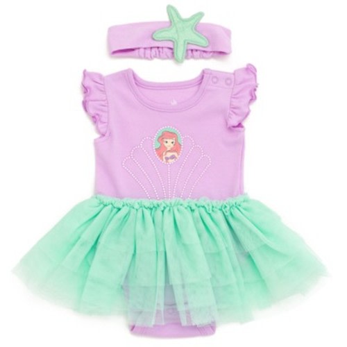 Disney Princess Ariel Newborn Baby Girls Cosplay Bodysuit With Skirt Overlay & Headband Outfit Set Lilac / Soft Teal 3-6 Months