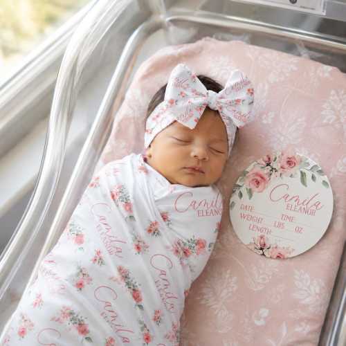 Personalized Rose Swaddle Blanket, Optional Bundle, Newborn Coming Home Outfit Photo Props, Baby Announcement Sign, Baby Shower Gift JS28