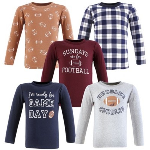 Hudson Baby Infant Boys Cotton Poly Long Sleeve T-shirts 5-Pack, Football Huddles, 12-18 Months