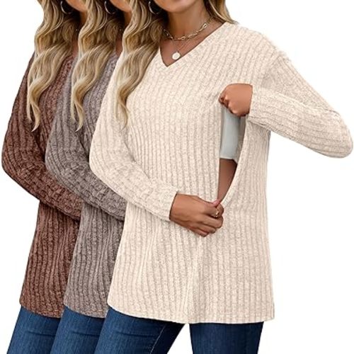 3 Pack Oversized Women's Maternity Nursing Tops Vneck Breastfeeding Sweaters Long Sleeve Hidden Zipper Shirt