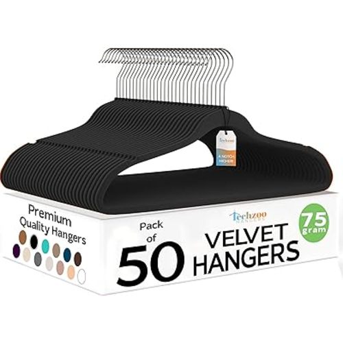 Techzoo 50 Pack New Premium Quality Velvet Hangers Ultra Thin Non Slip Adult Felt Space Saving Hangers for Closet Heavy Duty Coat Pants Jackets Dress Hangers 360° Swivel Hook Hold Upto 10 lbs Black