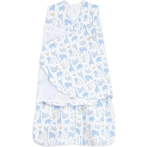 HALO 100% Cotton Sleepsack Swaddle, 3-Way Adjustable Wearable Blanket, TOG 1.5, Blue Safari, Newborn, 0-3 Months