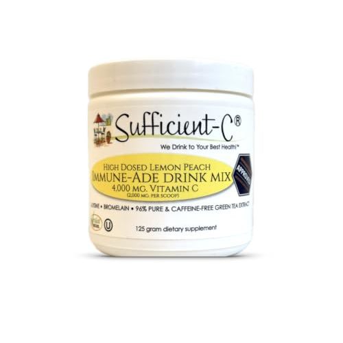 Sufficient-C High Dose Non-GMO Vitamin C Lemon Peach Immune-Ade Drink Mix, Convenient 125 Gram Size w/L-lysine, Bromelain & a Premium 96% Pure Green Tea Extract - Stomach Friendly, Adrenal Supportive