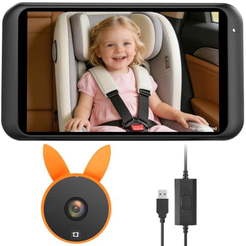 Babyvue Baby Car Camera Backseat Monitor USB Power | HD 1080P Wide Angle Lens, Clear Night Vision, 360° Rotating Rear Facing Car Seat Camera forInfants Toddlers（Orange）